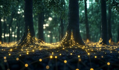 Wall Mural - Enchanted forest with glowing lights.