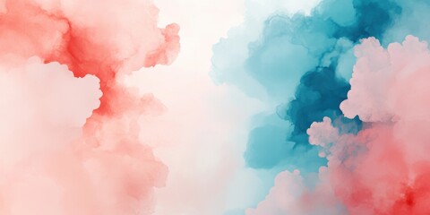Poster - A blend of soft pastel colors featuring red, pink, and blue clouds, creating an abstract and serene background.