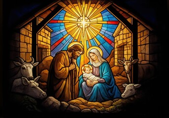 stained glass window representing the nativity scene, featuring the holy family, baby jesus, ox, don