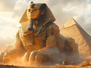 Wall Mural - A Jaeger resembling an ancient Egyptian Pharaoh with ornate armor stands next to a small human figure against the pyramids of Giza at sunset, blending futuristic elements with ancient motifs