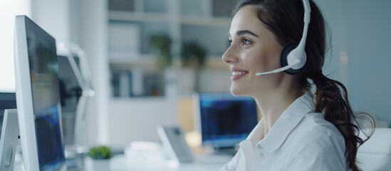 Poster - A female customer service representative with a headset assists clients in a modern office, showcasing professionalism in a bright workspace. Shes smiling and maintaining a professional demeanor