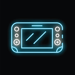 Poster - Blue neon icon of a handheld video game console with a blank screen, glowing on a dark background