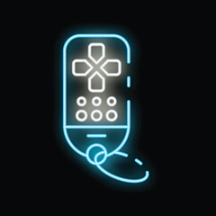Poster - Bright neon icon of modern gamepad keychain glowing on black background