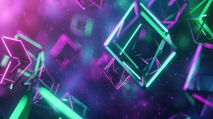 Poster - glowing pink green neon lights in geometrical shapes