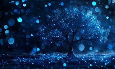 An abstract digital tree, with branches and leaves delineated in luminescent blue lines, set against a night sky filled with soft bokeh lights
