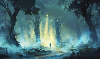 Wall Mural - A lone figure walks through an ethereal forest.