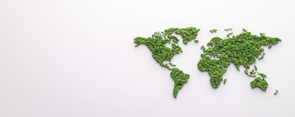 Poster - A green map of the world created from small leaves, symbolizing nature, sustainability, and environmental awareness against a light background.