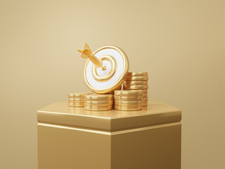 Poster - Stack coins on pedestal stand darts target planning vision business financial best performance growth marketing focus economy goal successful on gold background. 3d render illustration