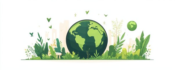 Poster - A vibrant illustration of Earth surrounded by lush green plants, symbolizing nature, sustainability, and environmental harmony.