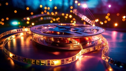 Poster - Vintage Film Reel on a Table with Light Flare
