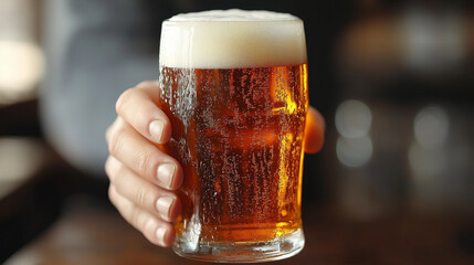 Closeup of a male hand holding up a glass of beer