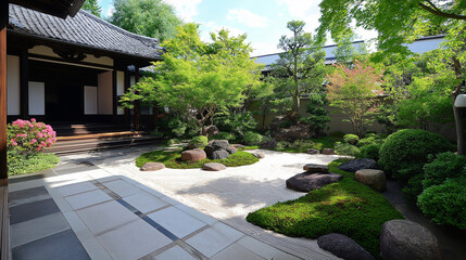 Poster - Traditional Japanese Zen Garden with Rocks and Raked Sand