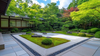 Poster - Traditional Japanese Zen Garden with Rocks and Raked Sand