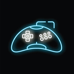 Poster - Blue neon sign depicting a wireless gamepad glowing on a black background