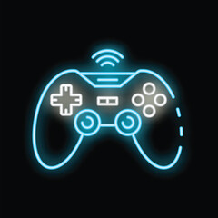 Poster - Bright blue neon gamepad icon glowing on dark background, representing online gaming and wireless controllers