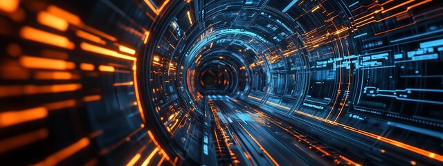 Poster - a futuristic digital tunnel illuminated with blue and orange lights, showcasing technology and movem