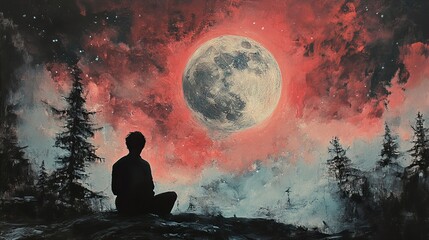 Canvas Print - Silhouette of a Man Contemplating the Red Moon