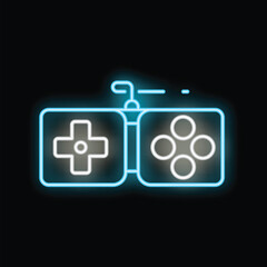 Poster - Blue neon video game controller glowing on black background, concept for gaming and entertainment