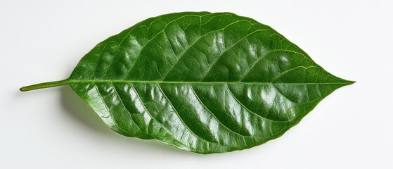 Single green leaf with prominent veins isolated on white background.