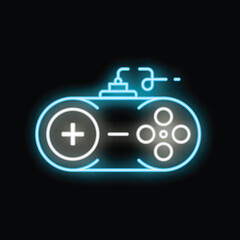 Poster - Blue neon video game controller glowing on black background representing the gaming industry