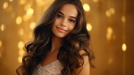 Portrait of Latin American teenage girl with long hair on golden background.