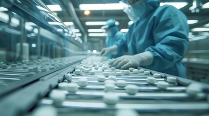 Poster - workers in protective clothing are seen at a pharmaceutical manufacturing line with medication table