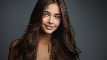 Portrait of latin american teenage girl with long hair silver background.