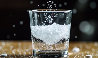 Wall Mural - A close-up of an effervescent tablet dissolving in a glass of water, with bubbles racing to the surface and a fizzing sound almost audible