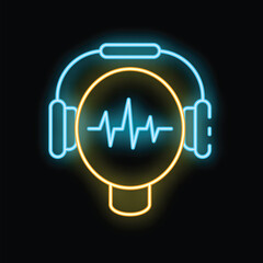 Poster - Glowing neon icon representing audio playing through headphones, visualized with a sound wave