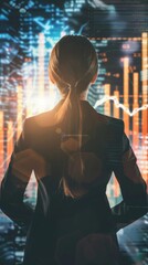 Poster - A businesswoman is depicted analyzing financial charts on a futuristic digital screen, reflecting modern technology, data analytics, and financial investment strategies for business advancement