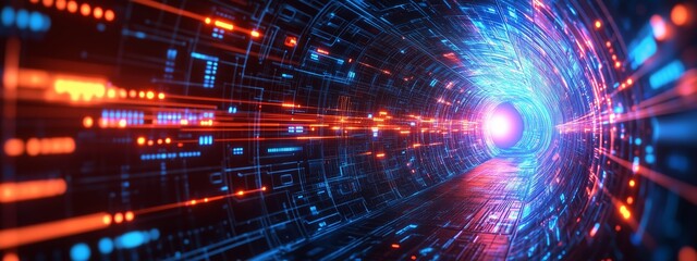 Poster - A vibrant digital tunnel illuminated by colorful light trails representing data flow and technology at night