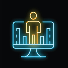 Poster - neon business icon of a businessman standing in front of a computer screen with a city skyline, repr