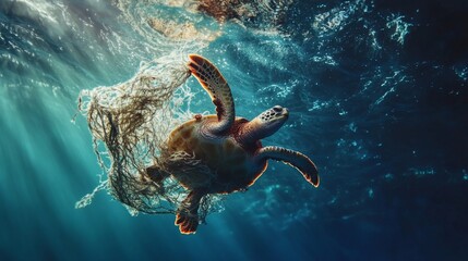 Wall Mural - sea turtle trapped in a tangle of fishing nets, floating helplessly in the ocean. the turtle's eyes 