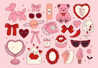 Set of coquette girly elements in pink and red color. Vintage mirror, cake, bear toy, telephone, bows, cherry in hand drawn outline style. Cute romantic accessories. Vector graphic