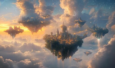 Canvas Print - Floating cities in a cloudy sky.