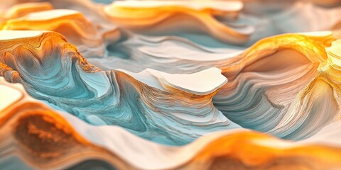 Leinwandbilder - Modern 3D background featuring abstract topography, with elements of terrain, waves, and light creating a visually rich and dynamic landscape.