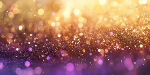 Poster - Blurred abstract background shimmering with sparkles in gold and purple hues, creating a visually captivating scene with a blend of rich colors.