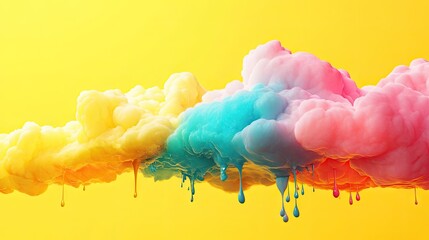 Wall Mural - vibrant colored melting clouds with drops create a stunning visual against a yellow background, offe