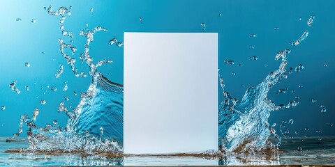 Leinwandbilder - Aqua backdrop featuring water splashes alongside a sheet of blank paper left empty, creating a fresh and vibrant visual scene.