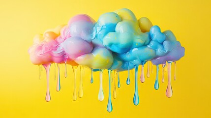 Wall Mural - vibrant colored melting clouds with drops create a stunning visual against a yellow background, offe