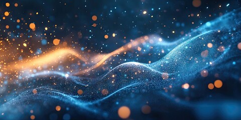 Leinwandbilder - Abstract representation featuring gleaming particles and flowing lines in animation style, showcasing a dynamic interplay of luminous elements and movement.