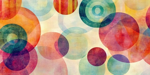 Leinwandbilder - Vibrant geometric abstract design in watercolor style featuring ovals, circles, stripes, and spirals set against a soft, light background.