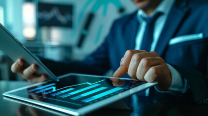 Poster - Closeup of a business professional in a suit analyzing data on a digital tablet in a modern office. Screen shows graphs and charts, emphasizing business analytics and performance tracking