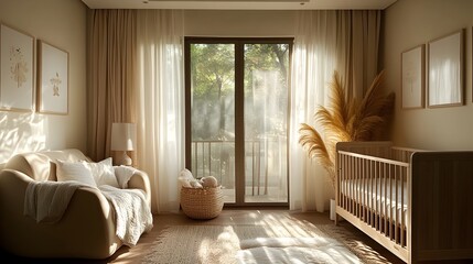 Poster - A tranquil and minimalist nursery design featuring a light colored crib neutral toned walls and soft comforting fabrics that create a calming and serene environment for a newborn or young child