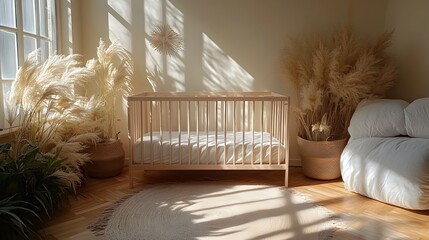 Poster - Soft toned and minimalist nursery setting with a simple crib plush bedding and gentle natural lighting creating a peaceful and calming ambiance for a newborn s haven
