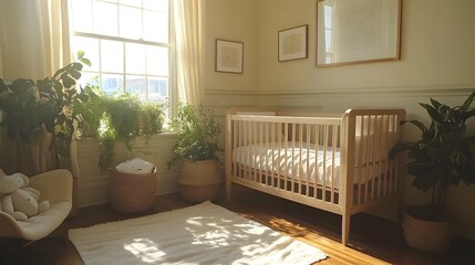 Poster - A soft toned minimalist nursery setting with a simple crib plush bedding and gentle lighting creating a peaceful and soothing ambiance for rest and relaxation