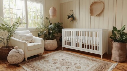Poster - Stylish Minimalist Baby Room with Modern White Crib Soft Bedding and Neutral Decor Elements Creating a Calm Peaceful and Soothing Space for Baby s Comfort and Rest
