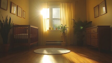 Poster - photograph of a modern and minimalist baby room featuring a simple crib light decor and soft lightin