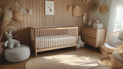 Poster - a serene and calming pastel toned minimalist nursery featuring a simple crib natural wooden textures