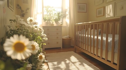 Poster - Serene and Inviting Minimalist Pastel Nursery Setting with Soft Blue Crib Warm Tones and Natural Lighting for a Calming and Comfortable Baby s Room